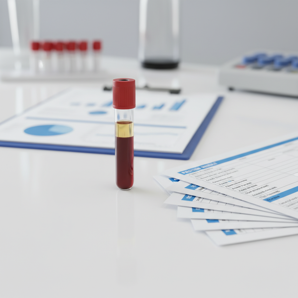 Bluttest-Roehrchen mit medizinischen Dokumenten zur Ueberpruefung des Eiweisswerts im Labor